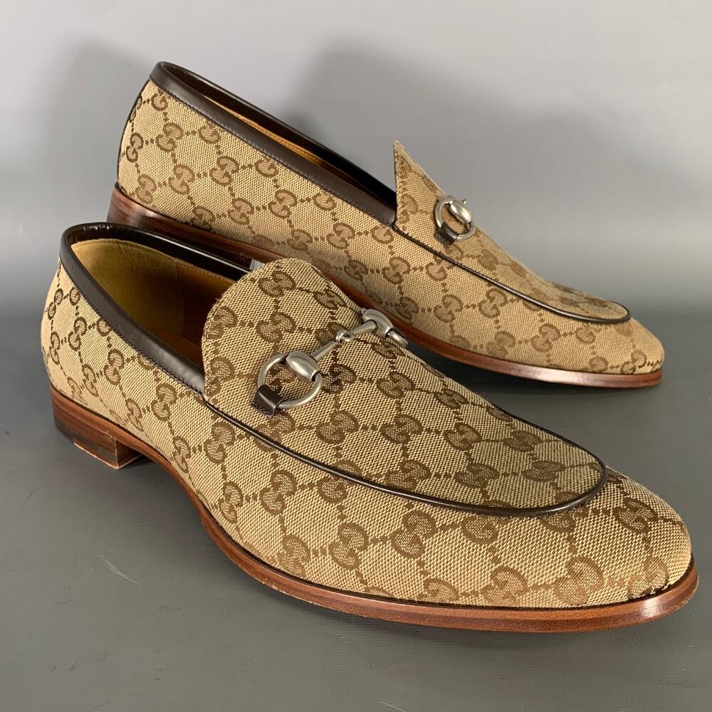 GUCCI Size 10.5 Brown Tan Monogram Canvas Loafers